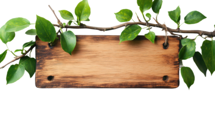 Natural wood sign with green leaves outdoor garden setting