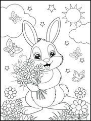 Illustration of a cute bunny cartoon character holding a flower bouquet. Black and white Printable rabbit coloring page for kids.
