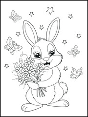 Illustration of a cute bunny cartoon character holding a flower bouquet. Black and white Printable rabbit coloring page for kids.

