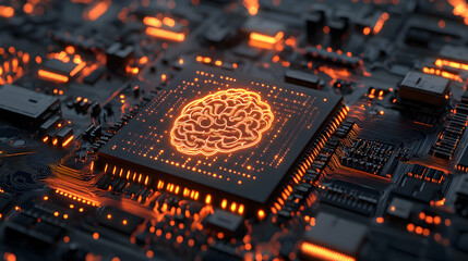 Artificial Intelligence Concept, Glowing Brain on Microchip Represents Machine Learning and Neural Networks for Advanced Computing Power