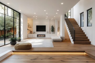 Obraz premium Bright Airy Minimalist Living Room with Natural Light and Elegant Wooden Flooring