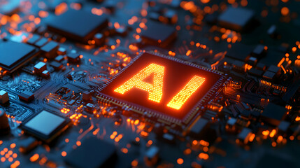 Artificial Intelligence Powering Future Technologies, A Glowing AI Chip on a Sophisticated Circuit Board Depicting Advanced Computing