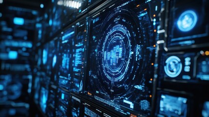 closeup of digital inventory screen in muted office light, vibrant display,  with business icons