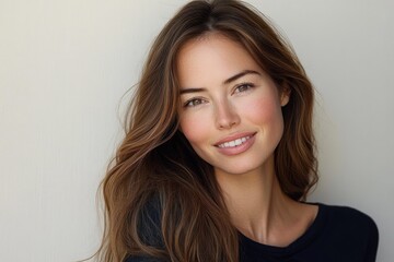 Naklejka premium Beautiful portrait of young woman with long wavy brown hair smiling in natural light isolated on neutral background
