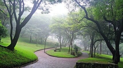Misty Park Path Winding Through Lush Green Trees