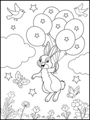 Illustration of a cute bunny cartoon character holding balloons. Black and white Printable rabbit coloring page for kids.
