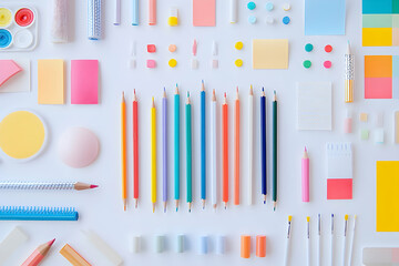 Obraz premium Artistic array, A meticulously arranged collection of colorful stationery and art supplies on a clean white background showcases creativity and inspiration