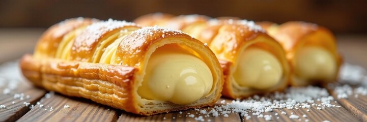 Flaky pastry tube filled with creamy white custard, dessert, pastry tube