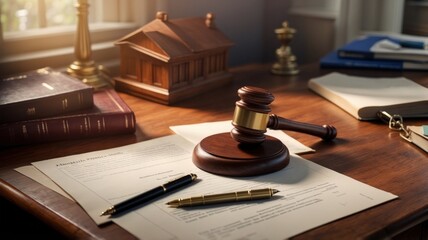 Legal Desk with Gavel and Documents: Justice, Law, Courtroom Scene