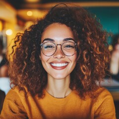 Obraz premium A young woman with curly hair and glasses smiles warmly. Her joyful expression is captivating.