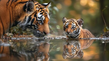 Obraz premium In a serene forest setting, a playful tiger cub explores its reflection in the calm water, while an adult tiger watches nearby, creating a charming display of nature's beauty