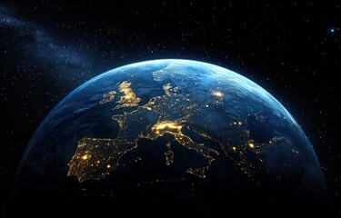 Fototapeta premium Earth at Night from Space Stunning 3D Render Hyper-Realistic View of Europe Illuminated with Stars
