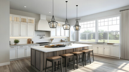 Modern kitchen with central island, pendant lights, and white cabinetry