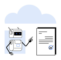 AI robot points to a digitally signed document with a stylized hand. Cloud icon in the background. Ideal for digital documentation, AI, cloud storage, automation, e-signature, cybersecurity