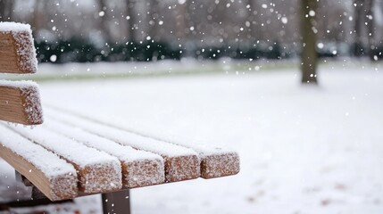 Park bench covered in snow, winter scene, snowing