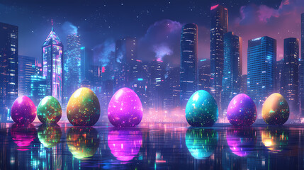Futuristic easter landscape with colorful glowing eggs and vibrant urban skyline. Neon Dreamscape City. Illustration