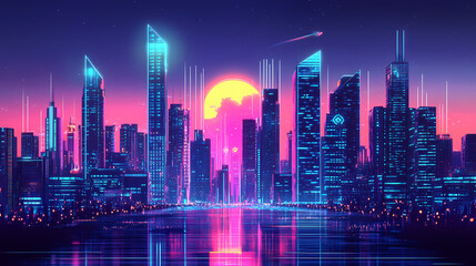 Fototapeta premium Futuristic neon cityscape depicting a cyberpunk world with glowing architecture. Neon Dreamscape City. Illustration