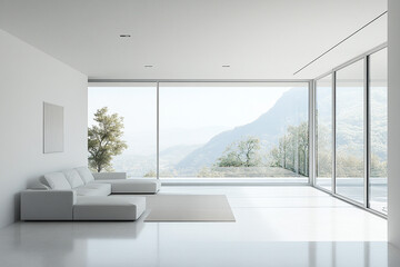 Modern minimalist living room with panoramic mountain views and natural light