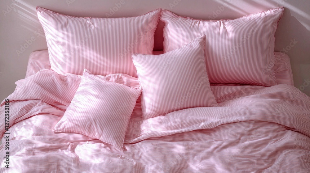 Poster soft sunlight filters through the window, casting delicate shadows over the inviting bedding. pink a