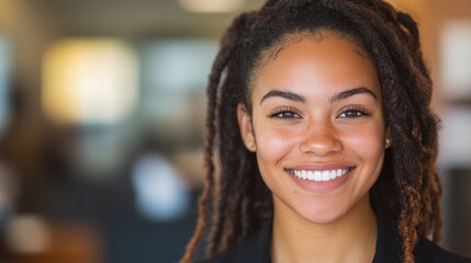 Portrait of a young Black woman with dreadlocks, smiling warmly in a bright office setting.