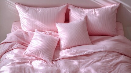 Soft sunlight filters through the window, casting delicate shadows over the inviting bedding. Pink and white stripes on the duvet create a calming atmosphere perfect for cozy moments