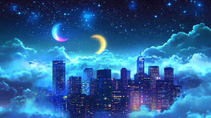 Neon city skyline above clouds at night. Neon Dreamscape City. Illustration