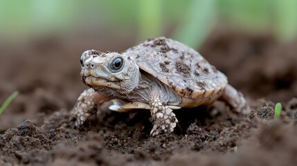 Obraz premium Baby turtle crawling on dark soil, green background, nature wildlife, educational use
