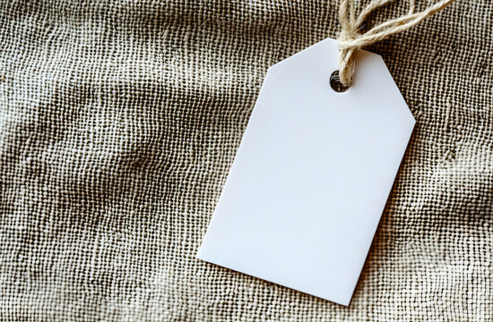 Blank white tag tied with rustic twine resting against a textured burlap surface creating an organic retail product display