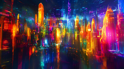 Obraz premium Neon dreamscape: a vibrant, stylized cityscape at night, awash in electric neon colors. the futuristic skyline shimmers with energy and possibility. Neon Dreamscape City. Illustration
