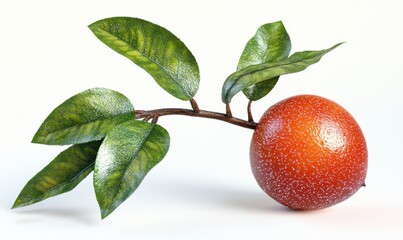 Obraz premium A vibrant orange fruit on a branch with lush green leaves against a clean white background