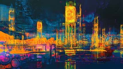 Obraz premium Surreal dreamscape: abstract city at night, Neon Dreamscape City. Illustration