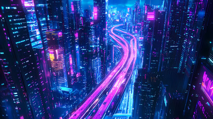 Fototapeta premium Vibrant neon highway twisting through futuristic city. Neon Dreamscape City. Illustration