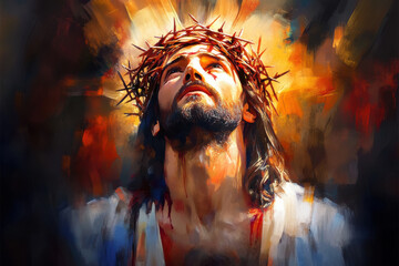 Abstract oil painting of Jesus Christ wearing a crown of thorns looking upward with glowing divine light symbolizing sacrifice and redemption  
