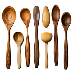 Assorted Wooden Kitchen Utensils With Different Shapes And Natural Colors On Displaying Utensils