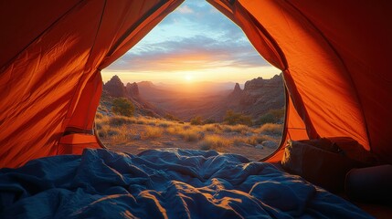 Sunrise view from desert mountain tent