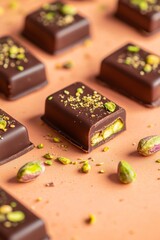 Gourmet chocolate bars with pistachios on table