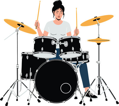 Young woman playing drums in minimal flat design style vector art