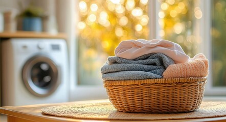 Obraz premium Cozy Laundry Room with Neatly Folded Clothes in Wicker Basket and Soft Natural Light