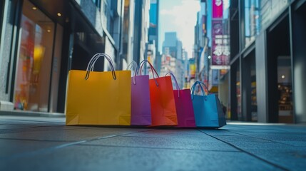 Colorful shopping bags, city street