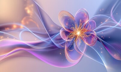 Abstract floral design with flowing colorful waves and glowing elements in a serene background
