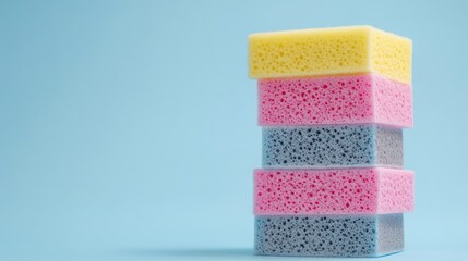 Colorful sponges stacked, blue background (2)