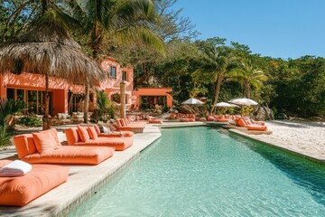 Luxury resort poolside with orange lounge chairs. Ideal for travel, vacation, and relaxation themes.
