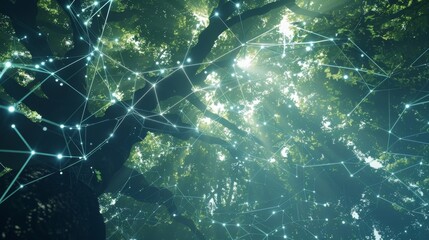 Obraz premium Sunlight filtering through the canopy casting a dappled glow on the interconnected blockchain trees.