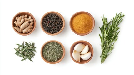 Spices, herbs, cooking, flatlay, white