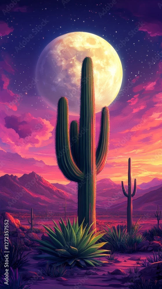 Poster in a vast desert landscape, towering cacti reach for the sky, illuminated by a brilliant full moon. 