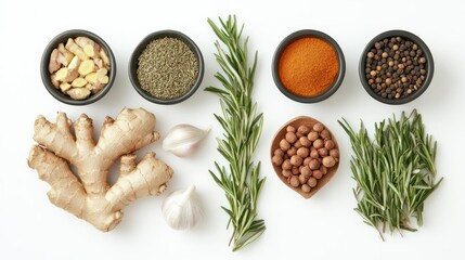 Spices, herbs, garlic, ginger, flatlay, white, cooking, recipe
