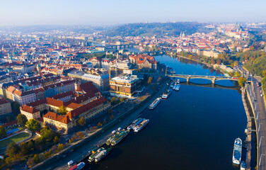 Aerial view of the Vltava river and the capital Prague. Czech Republic