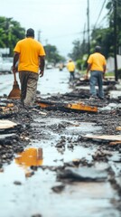Naklejka premium Cleanup crew works to remove debris from a flooded street. Muddy water and scattered remnants cover the roadway.
