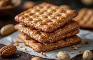 Close-up of Delicious Golden Crispy Cookies Stacked on White Paper with Whole Nuts and Rustic Wooden Background for a Tempting Snack Experience