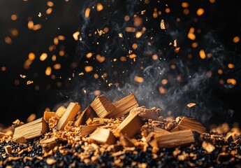 Close-up of Wood Chips and Shavings Floating in the Air with Smoke Against Dark Background Creating a Dynamic and Textured Visual Experience